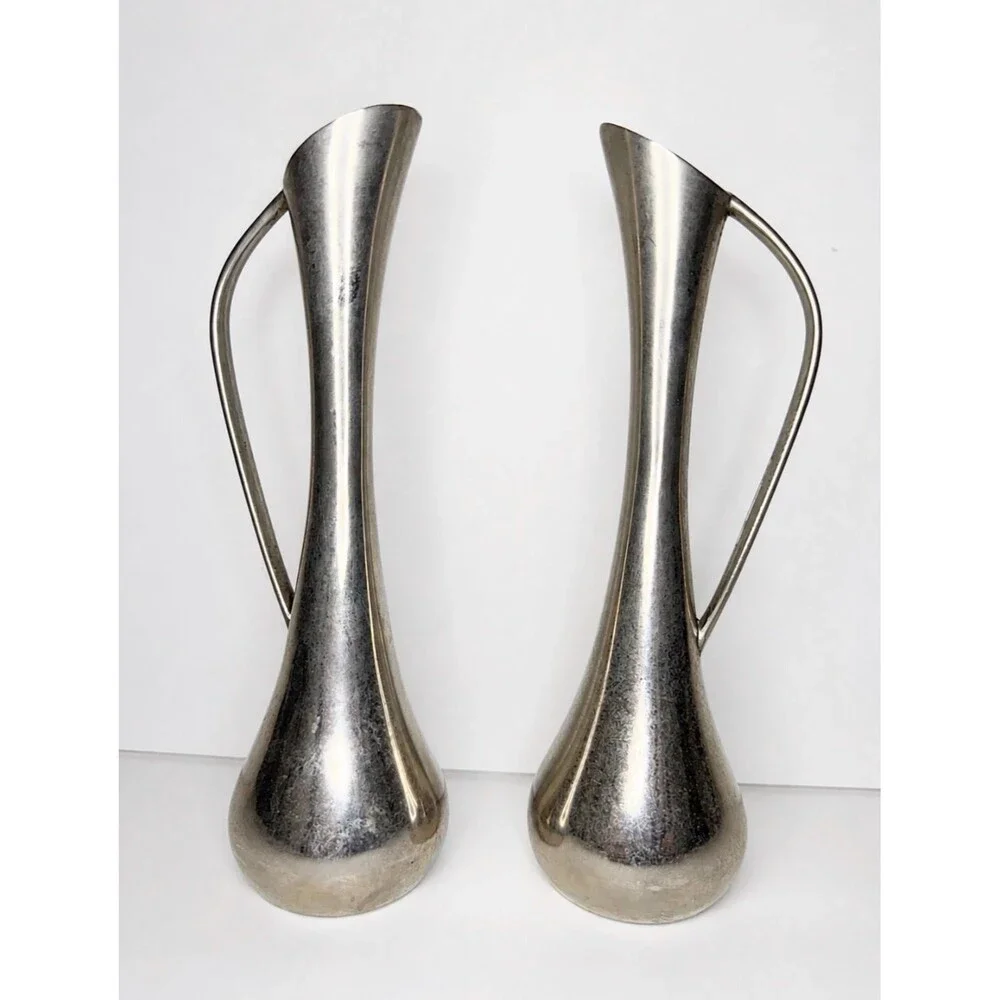 Pair Vintage Silverplate Bud Vases | Mid-Century Modern Ewer Set (7